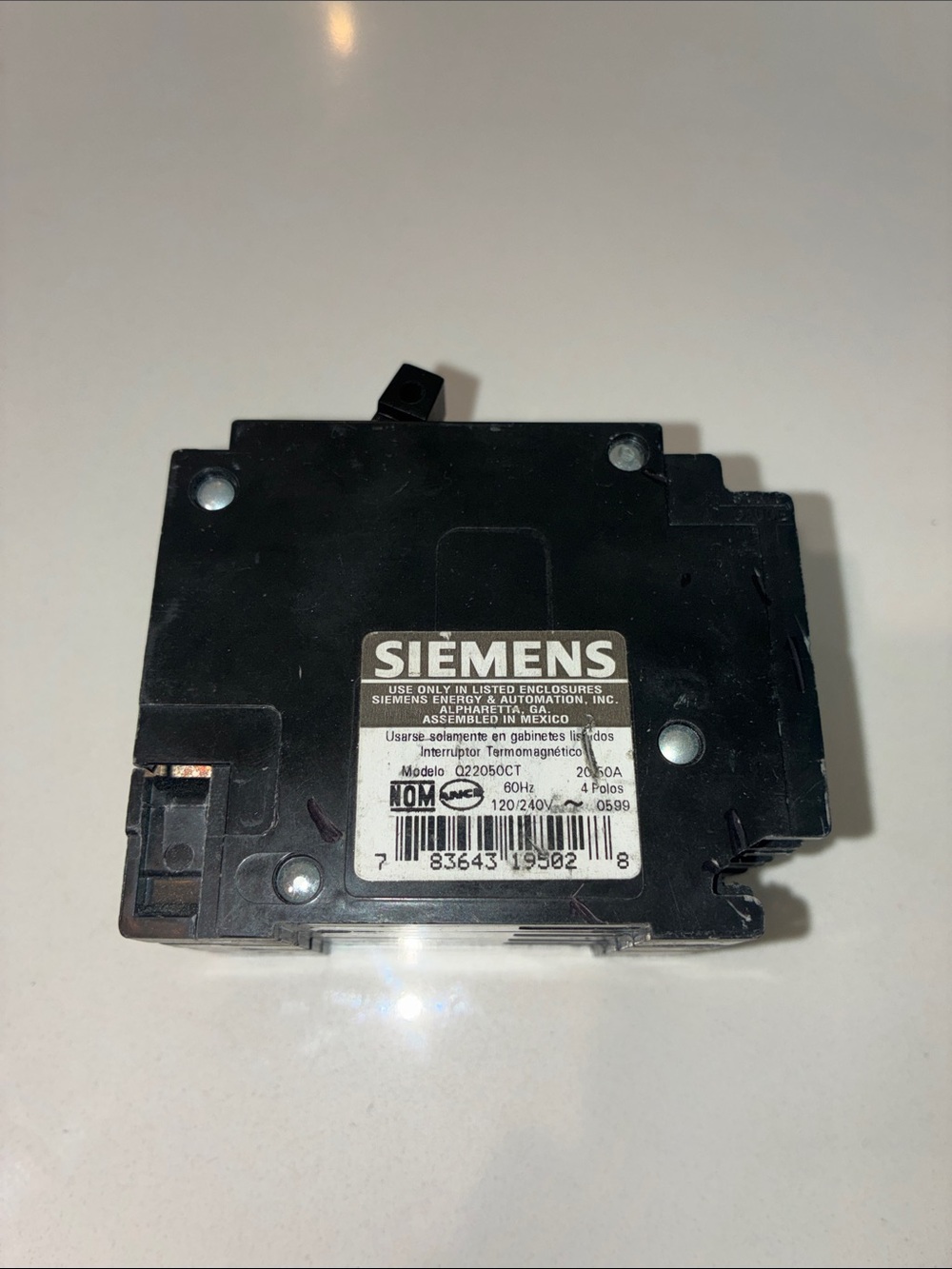 SIEMENS (EUC) Model # Q22050CT Black 20-Amp/50-Amp, 4 Pole Quad Circuit Breaker.